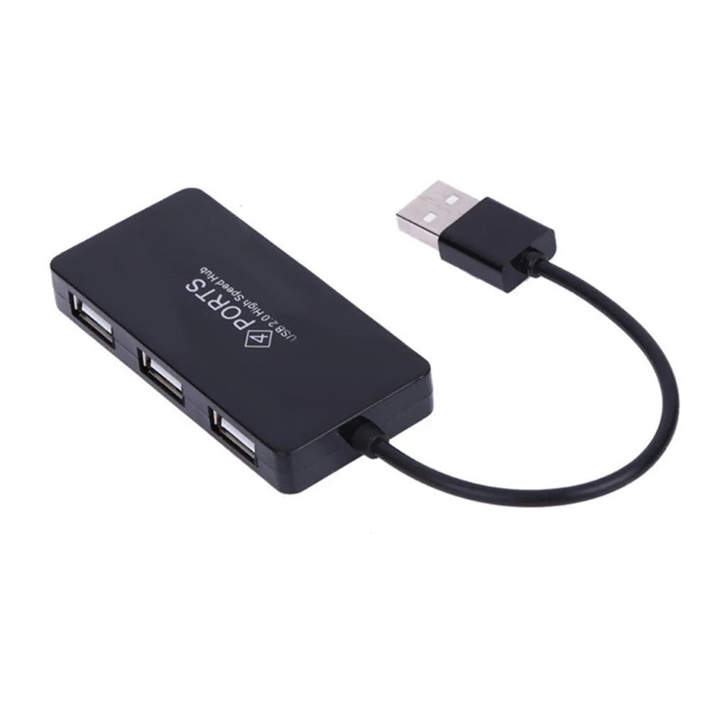 4-port USB 2.0 hub in black with switch and 14.5 cm cable, compact size 70×30×10 mm