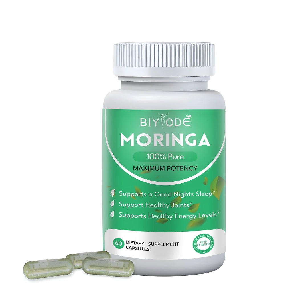 Bottle of moringa extract capsules 60ct herbal supplement for immune detox sleep bone health support