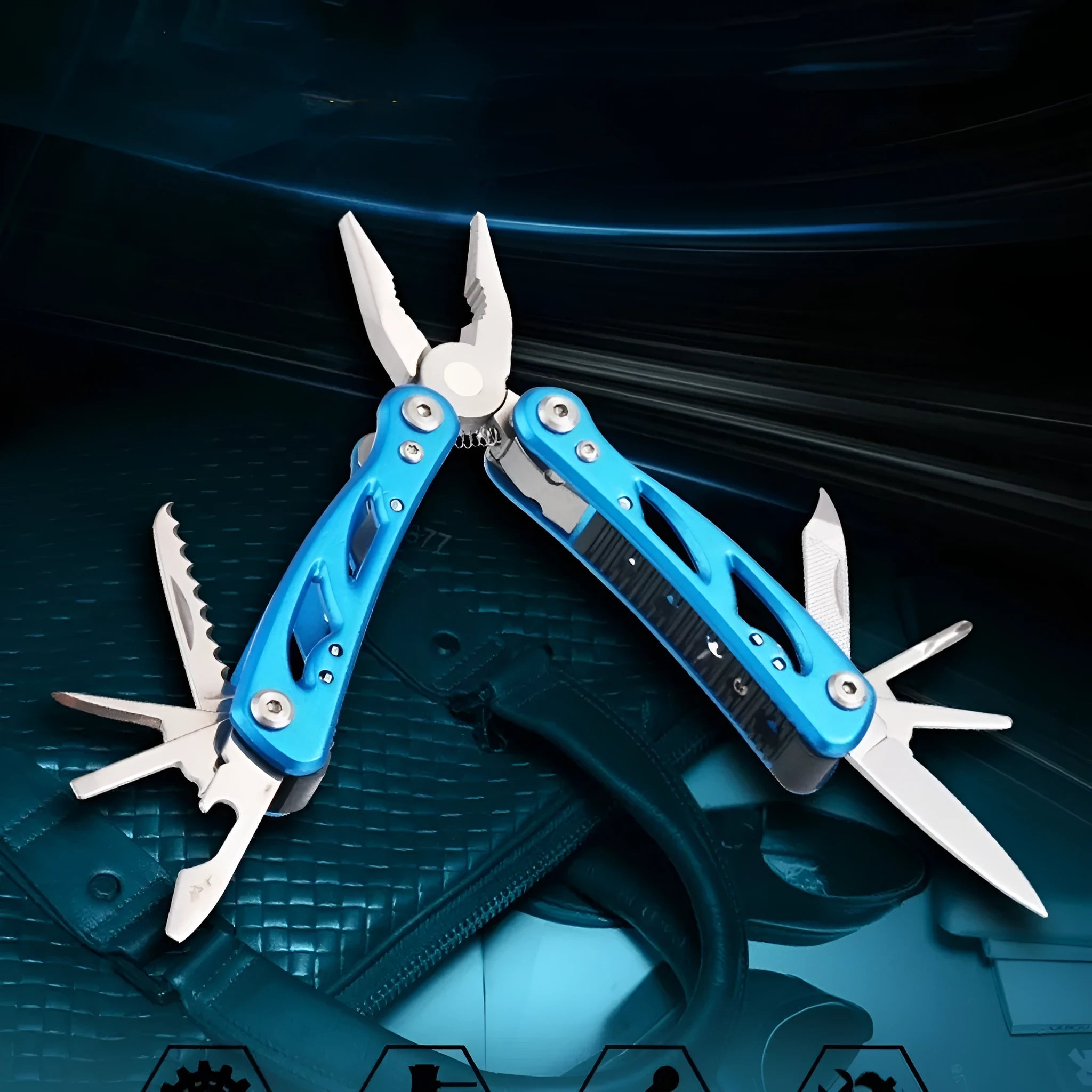 Blue multi-function outdoor pliers knife shown folded and with its included Oxford storage bag.