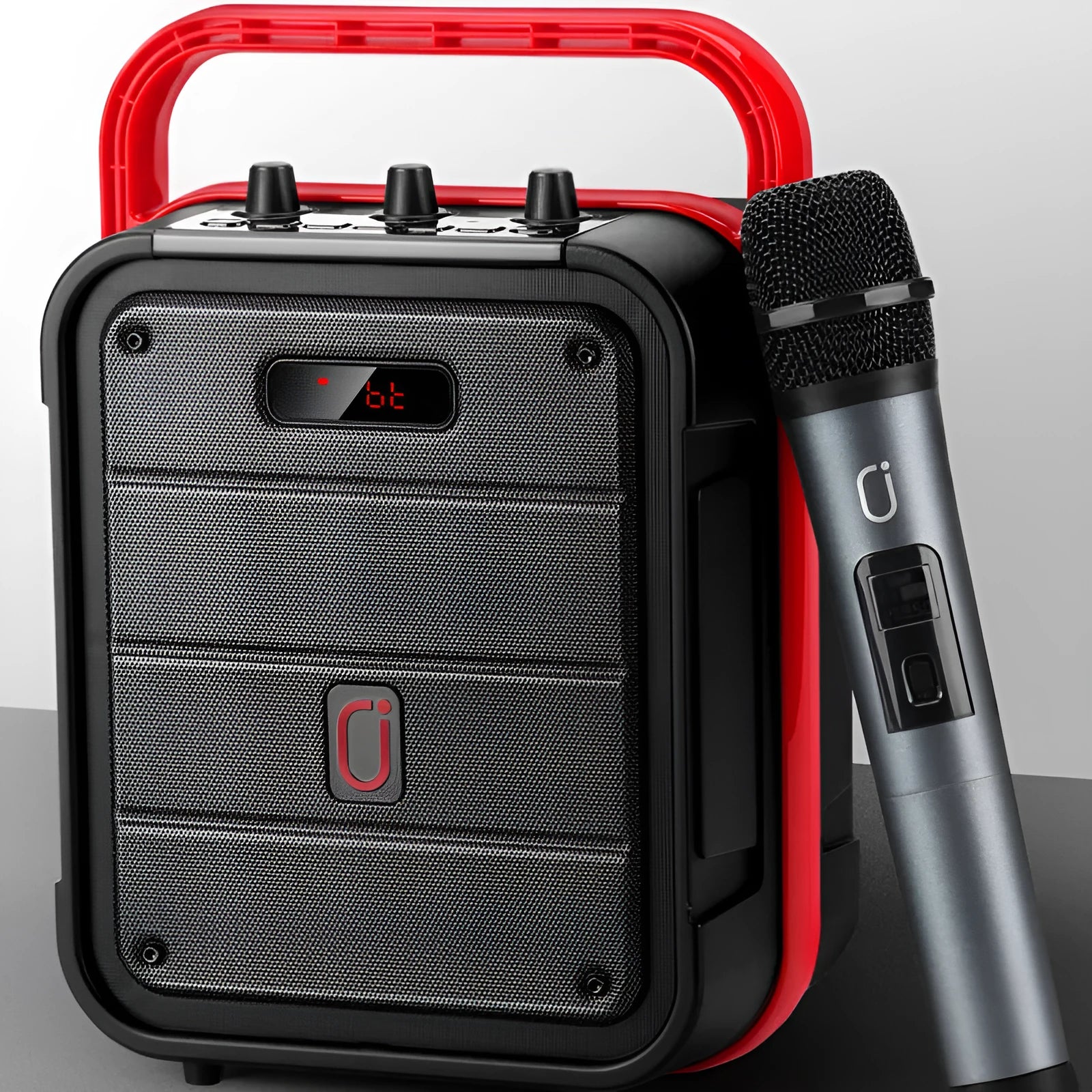 MS62AI portable Bluetooth speaker with wireless microphone, remote control, and shoulder strap