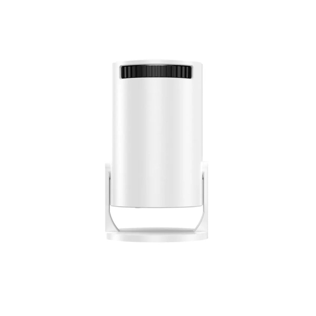 White mini wireless HD portable projector and wireless projection screen for home use.