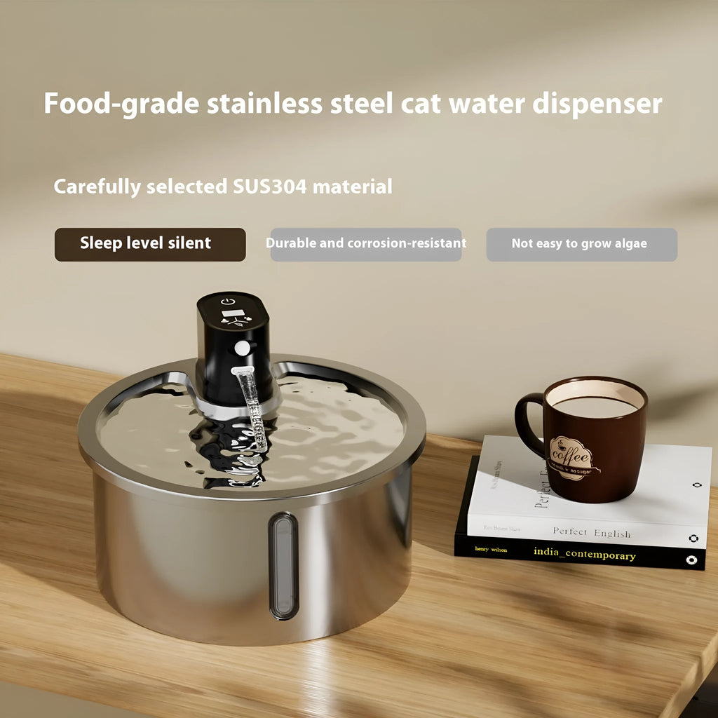 Stainless steel automatic pet water fountain with heater and thermostat control.