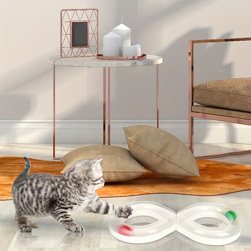 Blue and white cat activity centre with spinning track, ball, and teaser stick