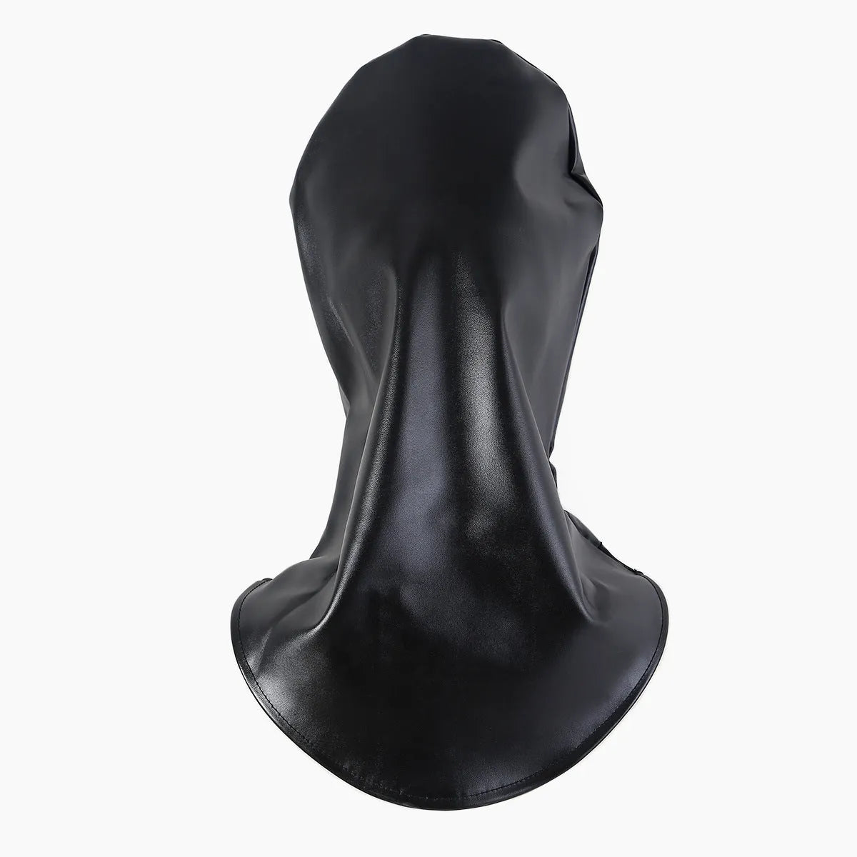 Black leather BDSM face mask with an open mouth and an adjustable buckle strap.