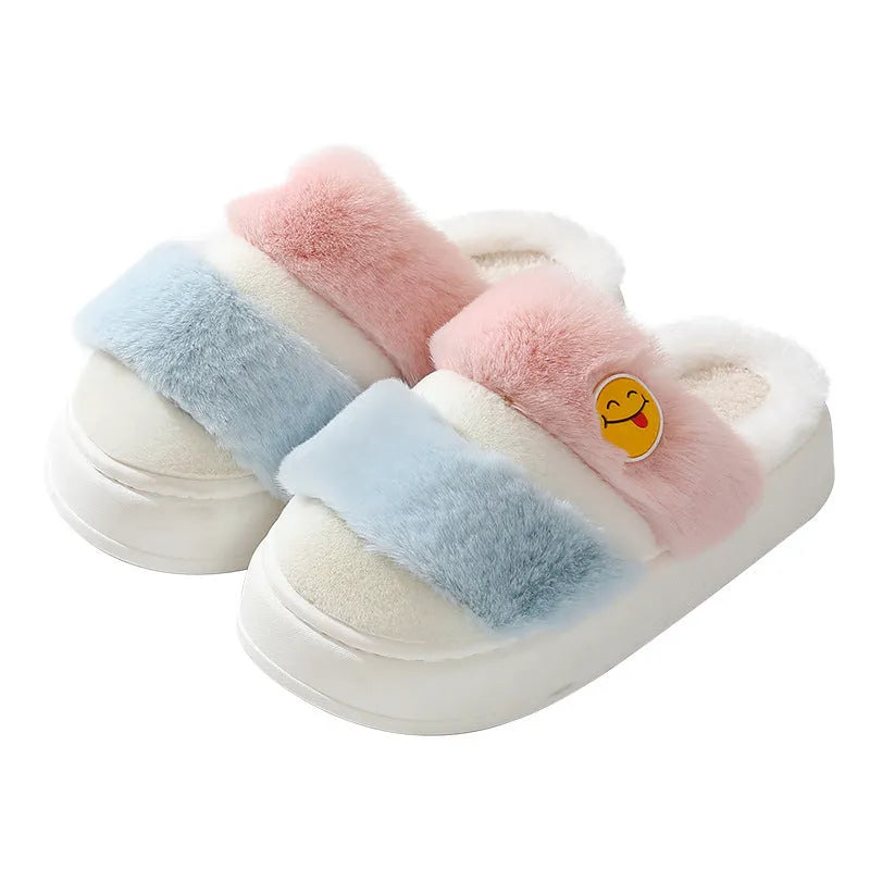Pink and green cartoon thermal cotton slippers with plush upper and cashmere lining for winter