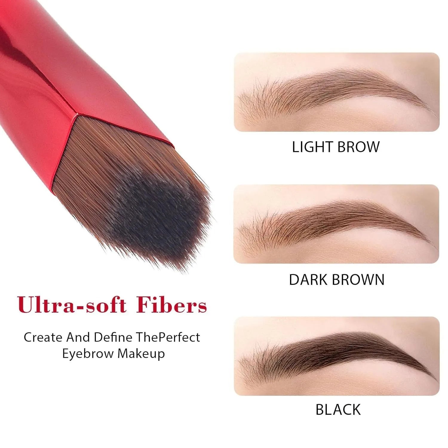 Square angled eyebrow stamp brush with synthetic fibre bristles and an ergonomic brown handle on a white background.