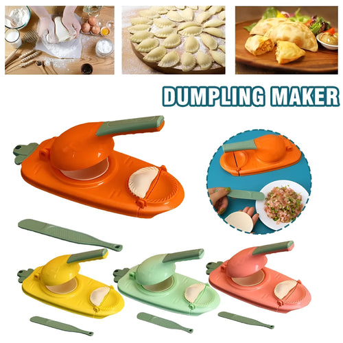 Orange and white 2-in-1 kitchen dumpling making tool with ergonomic handle and hanging hole