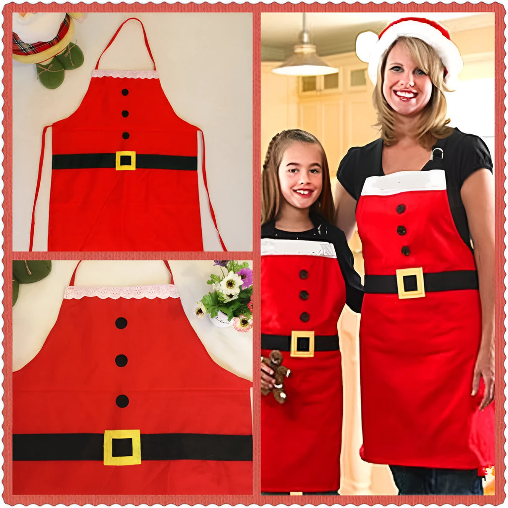 Red Christmas apron with 'Merry Christmas' text for adults and children in kitchen setting