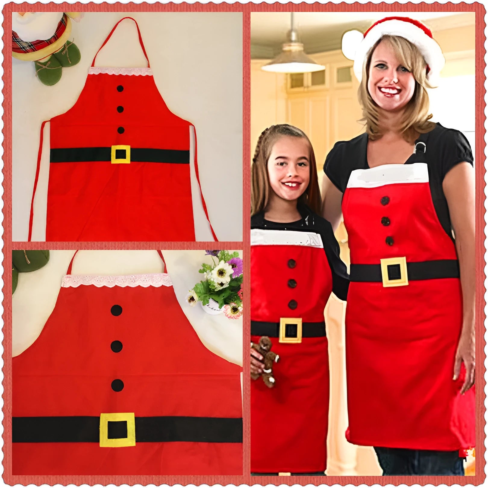 Red Christmas apron with 'Merry Christmas' text for adults and children in kitchen setting