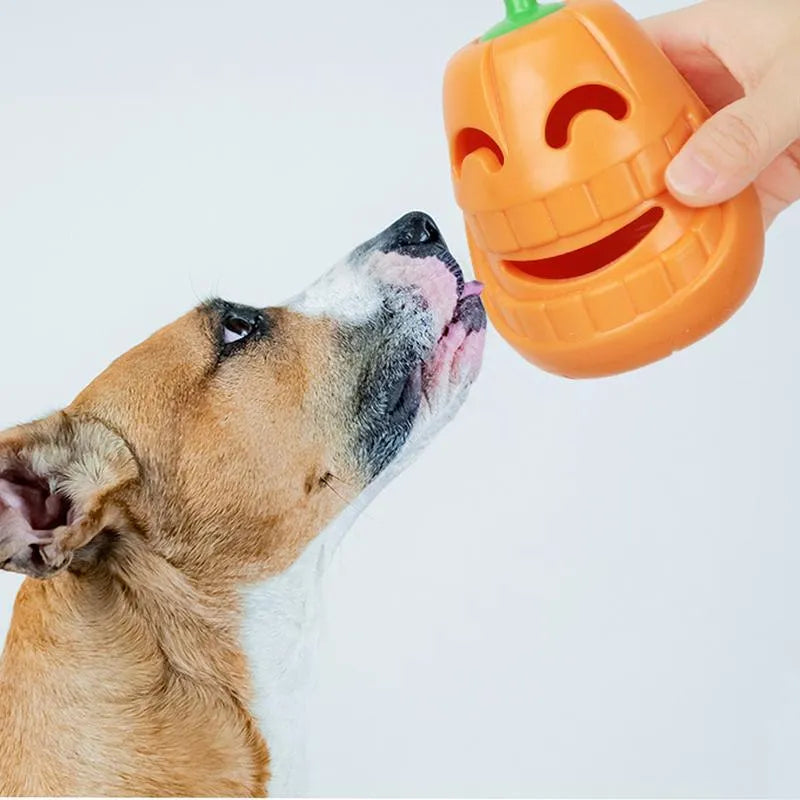 Yellow TPR pumpkin-shaped durable dog chew toy for aggressive chewers