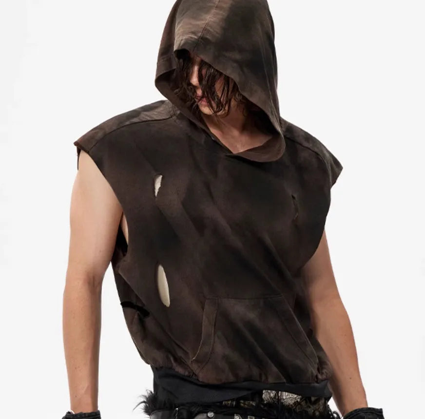 Khaki coloured cotton short sleeve hooded vest on hanger
