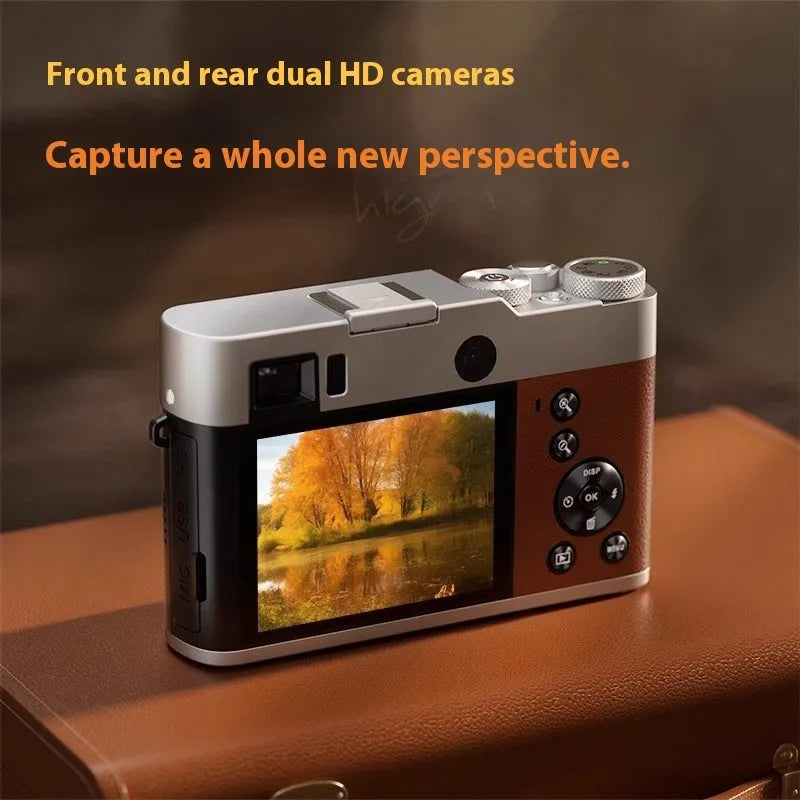Black 5K HD digital camera with dual lenses and an optical viewfinder on a 2.88-inch screen.