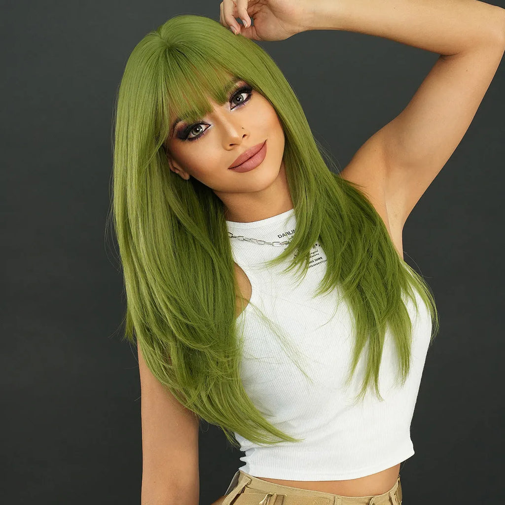 Vanilla green long straight women's wig with bangs, 63 cm silk fibre