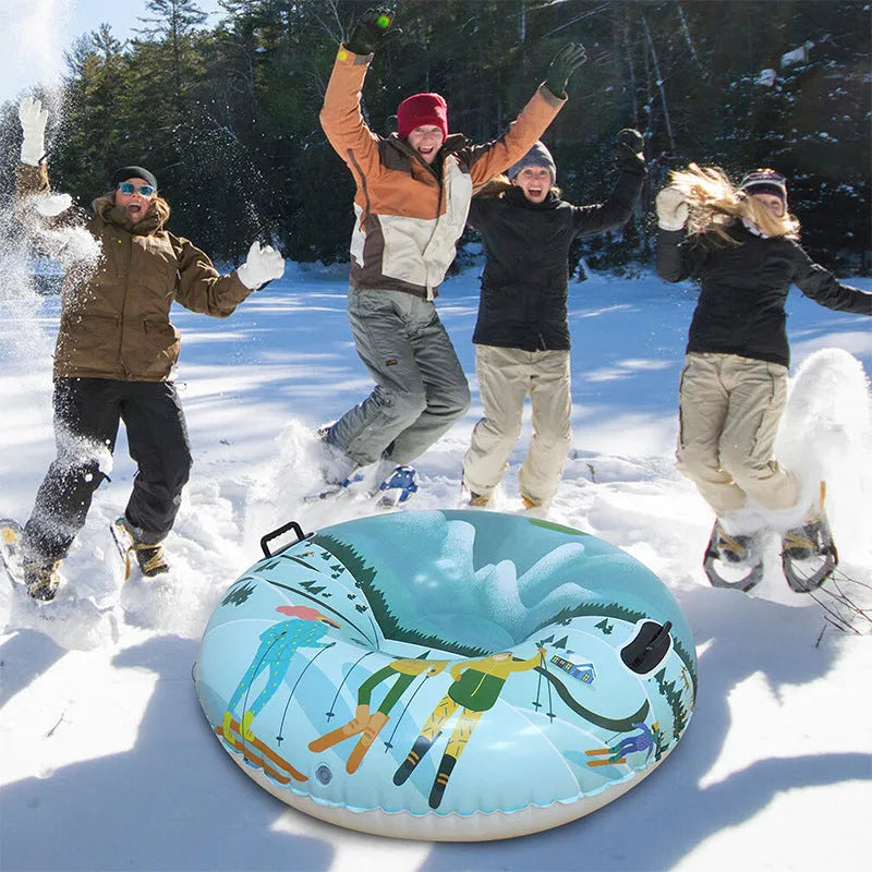 A thick PVC children's ski ring toy for outdoor winter play, shown in flame red, ice-blue, and snow mountain print designs.