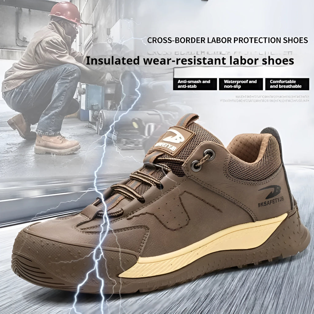 Flyknit leather work safety shoe with rubber sole in black, shown on a grey background