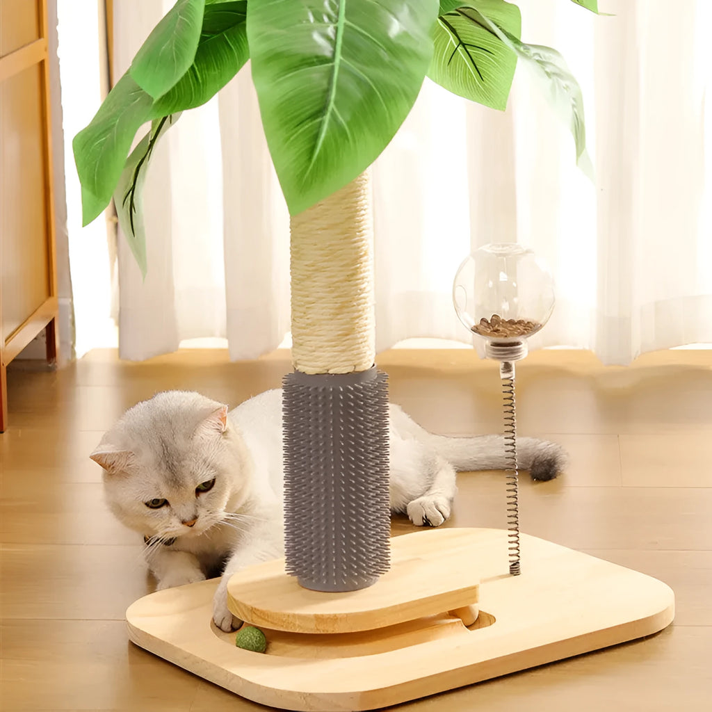 Wooden vertical cat scratching post with a cannulated grab column and a food drop ball.