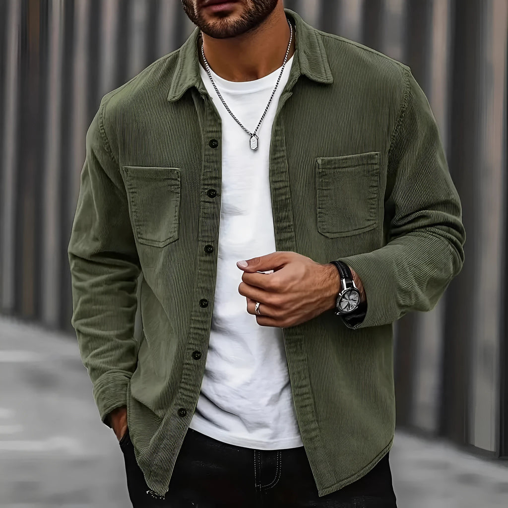 Men's corduroy button jacket in solid colour – army green, front view, with button closure and classic collar