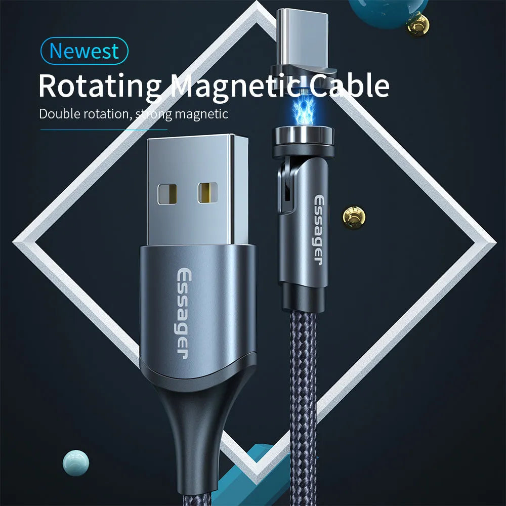 Essager rotating magnetic USB charging cable with blue LED light showing 360-degree rotation