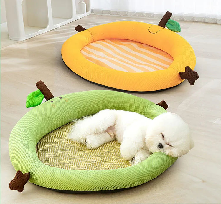 Green fruit backrest pet cooling mat in nest design for large dogs on wooden floor