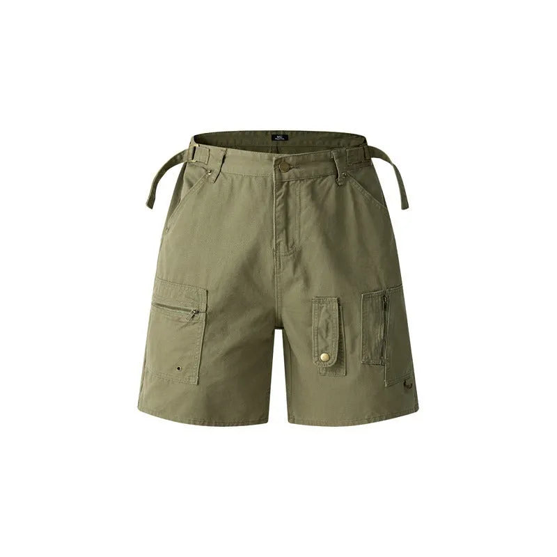 Retro loose-fit washed cotton shorts for men and women with zipper and half-elastic waistband.