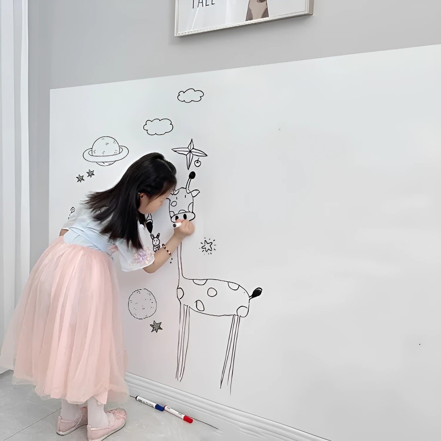 Removable electrostatic whiteboard wall sticker in solid white, PP material, size 90x200cm for children's room