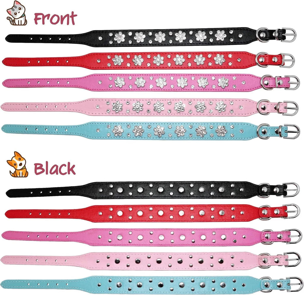 Black PU leather dog collar with sparkling rhinestone flower pattern and metal studs, showing adjustable eyelets and D-ring.