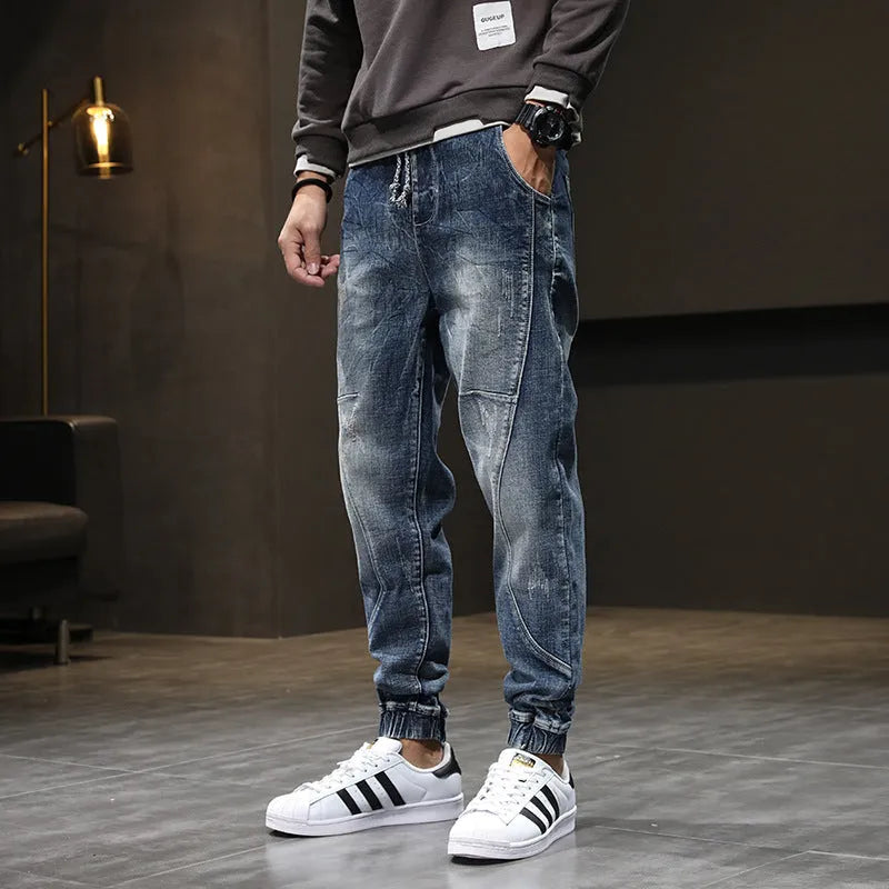 Men's plus velvet stretch slim casual jeans in blue, cotton with non-iron finish, mid-rise tether closure