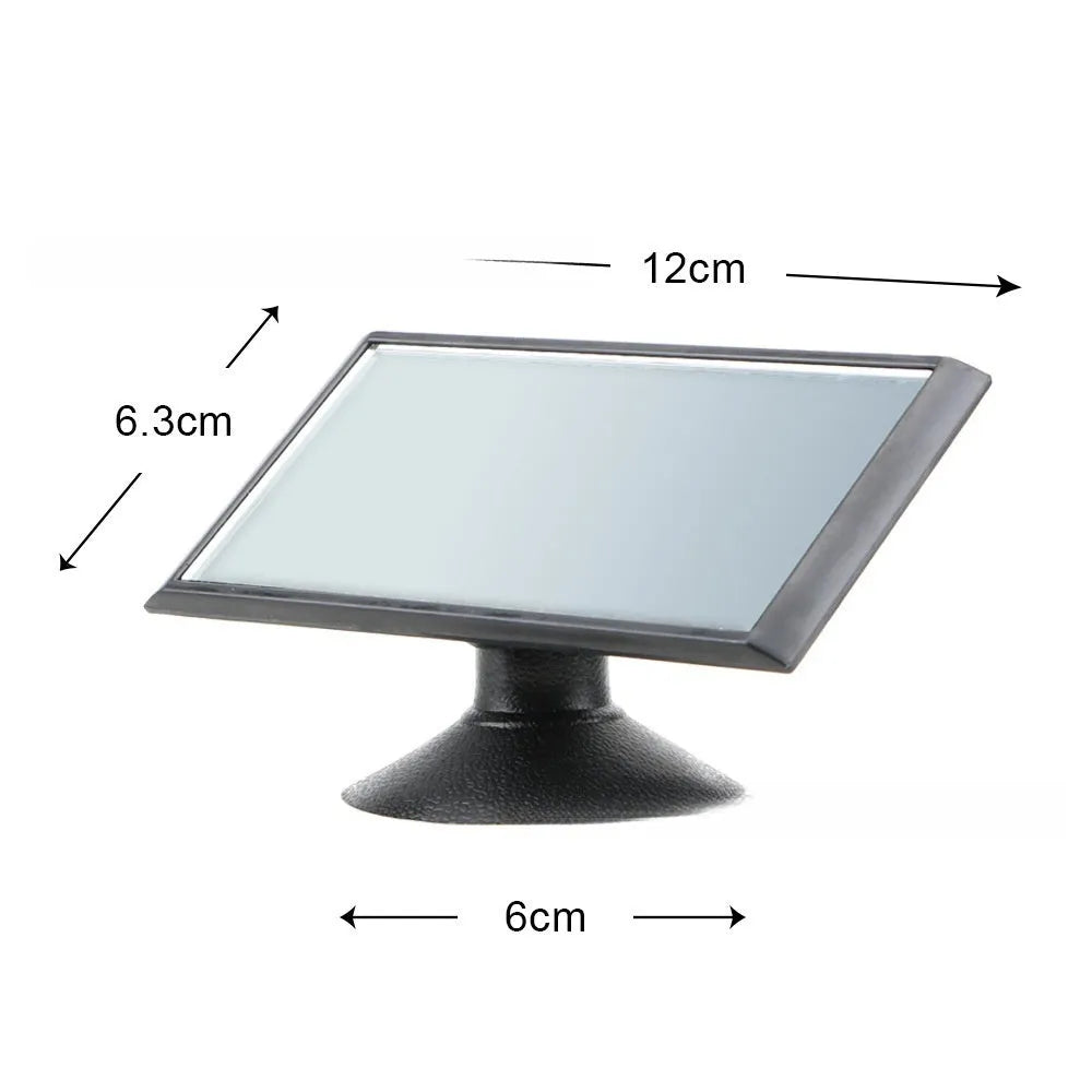 Black 360-degree rotating rearview mirror for cars shown with a large sucker mount for windscreen attachment.