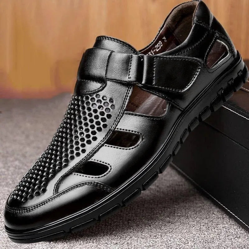 Men's business casual hollow leather sandals with PU upper and Velcro closure in black and brown