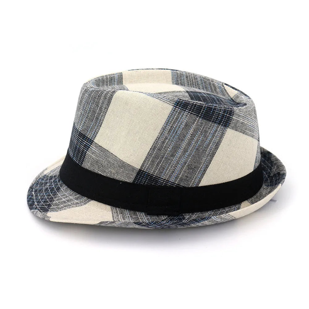 Blue and black polyester straw sun hat with bell crown and 4.5cm brim for outdoor sun protection.