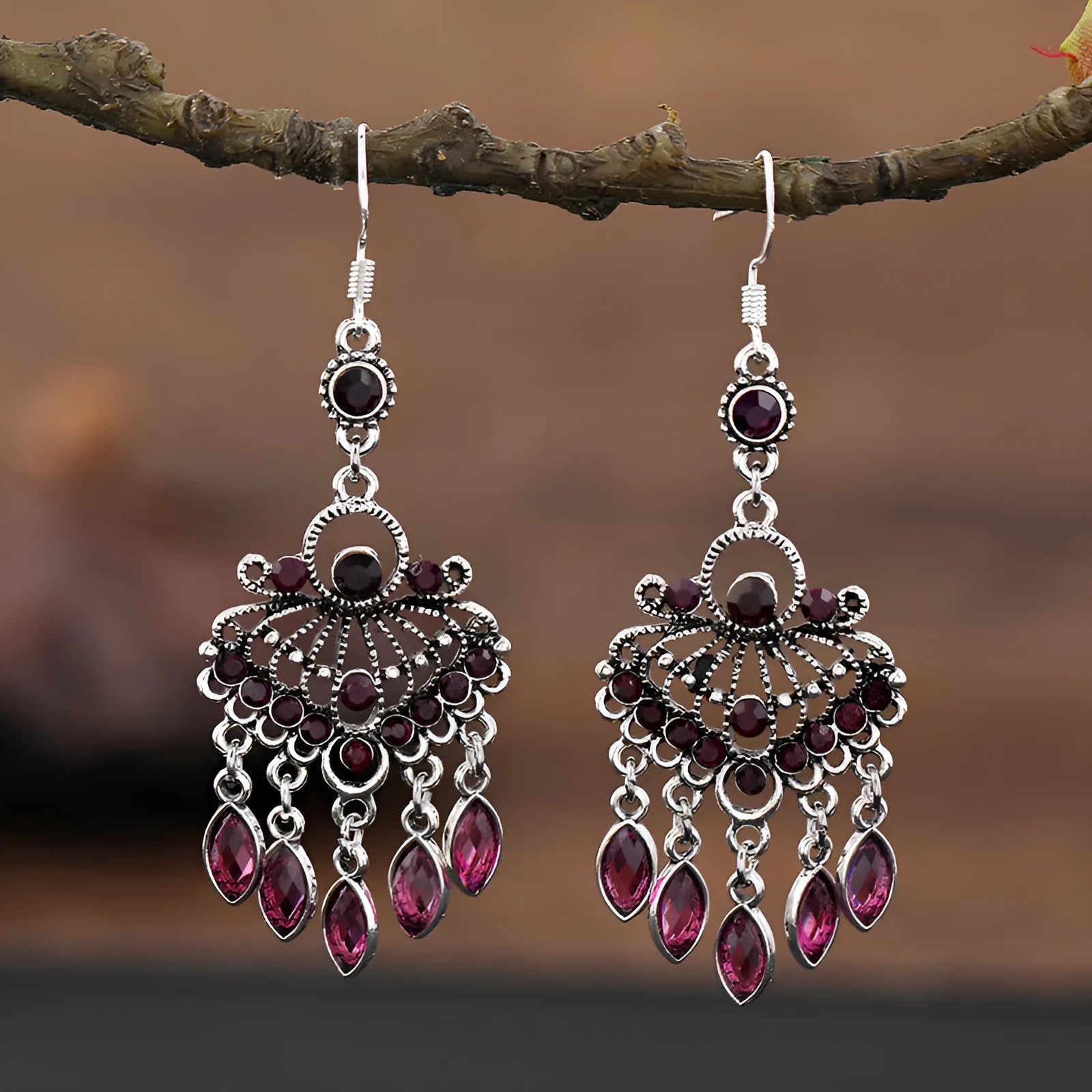 Purple retro crystal fringe earrings with ethnic styling and drop shape design