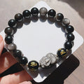 Natural silver stone men's bracelet with beaded design and Chinese style six-word proverbs