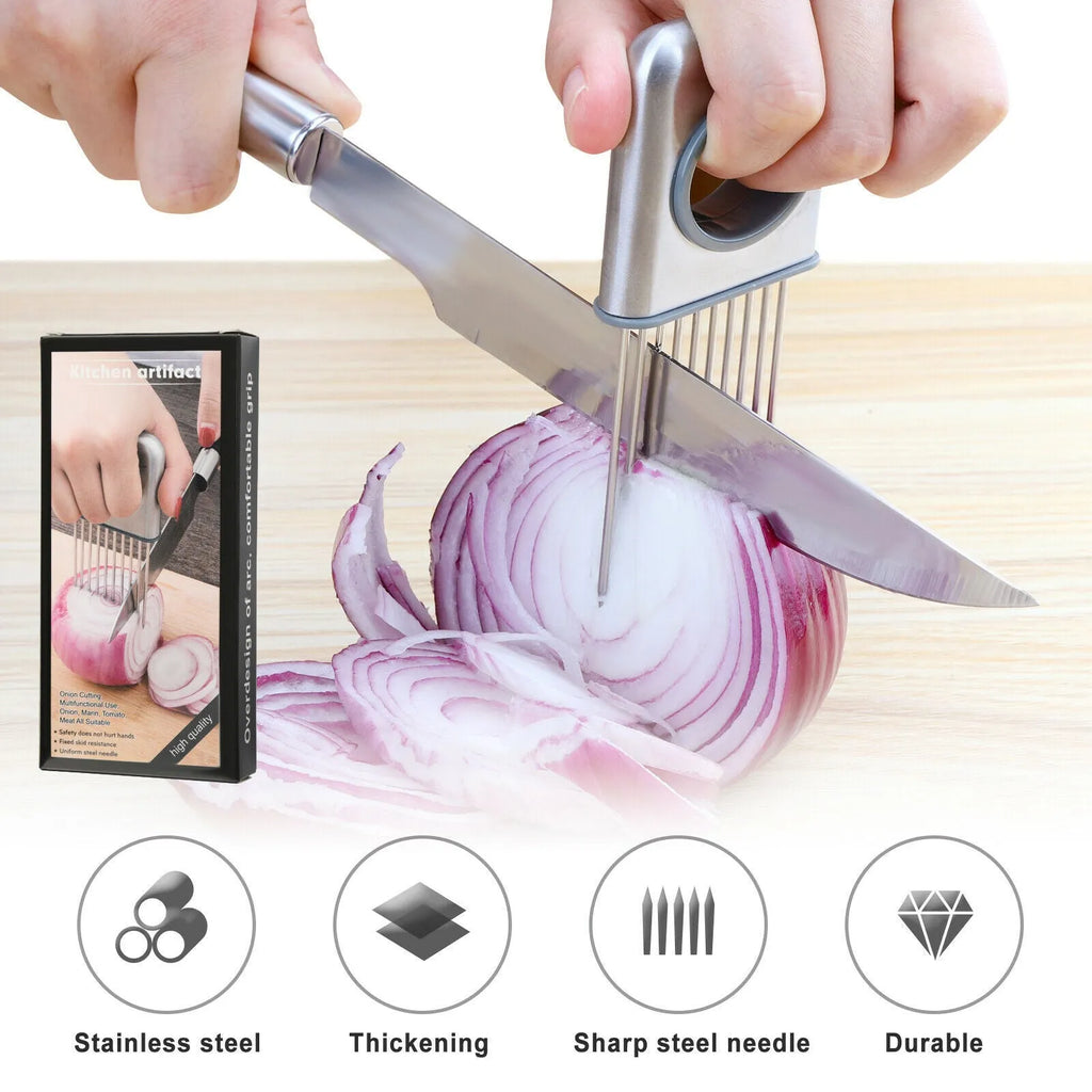 Stainless steel onion holder slicer kitchen tool with sharp prongs and finger guard on a cutting board.