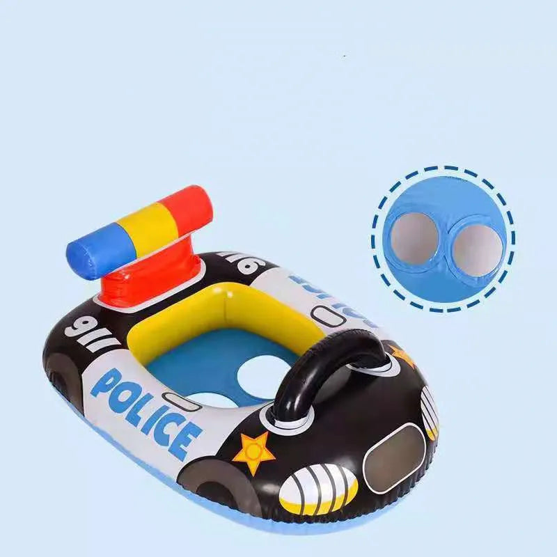 Children's black PVC inflatable swimming ring shaped like a police car with anti-rollover cushion
