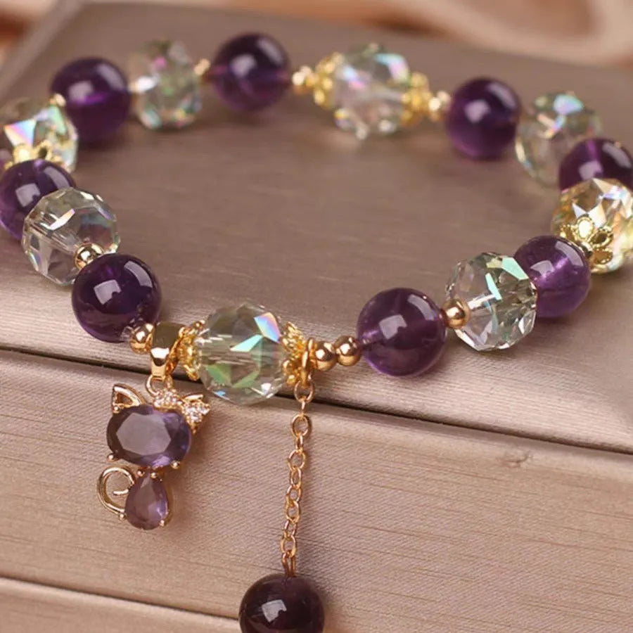 Women's antique style crystal bracelet with purple amethyst fox pendant and five-leaf flower charm.