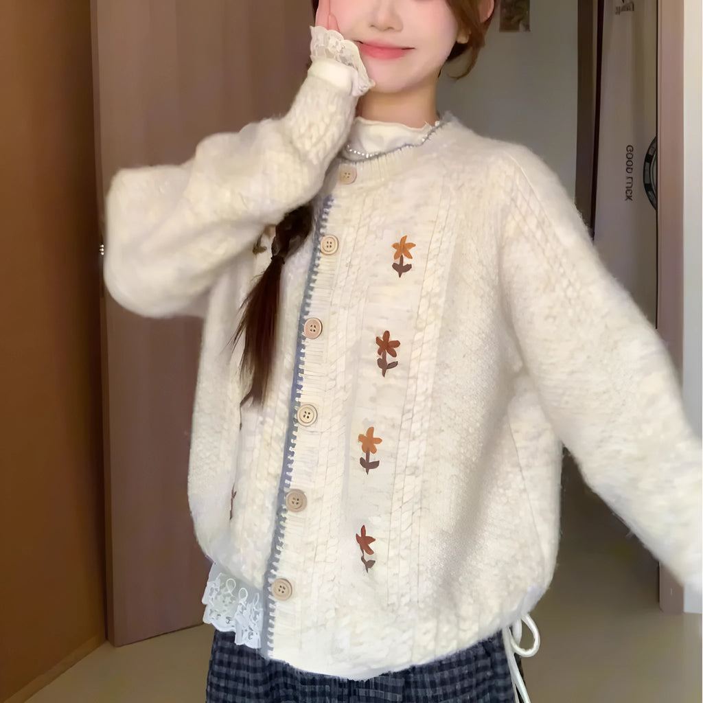 Women's oatmeal knitted cardigan with flower pattern, round neck, button front, long sleeves