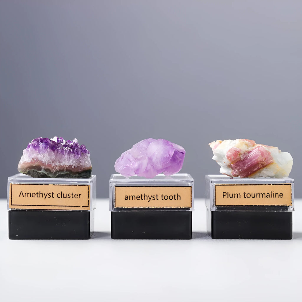 Natural crystal ore mineral specimen decoration featuring amethyst and tourmaline crystals