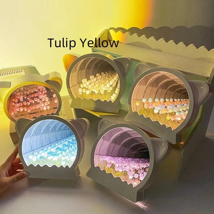 DIY cat head shaped night light kit with colourful handmade tulip flowers for bedside decor.