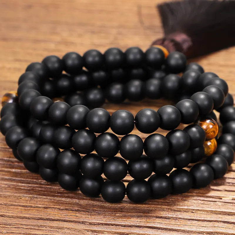 Tigereye stone bead yoga necklace and bracelet set with 108 natural gemstones