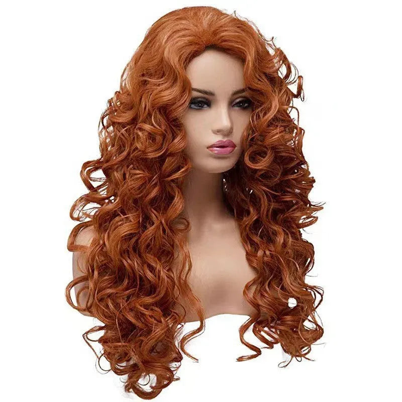 Brown long wavy curly wig on wig head cover for Halloween cosplay