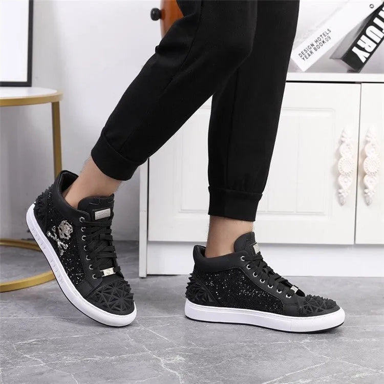 Men's black and red high-top skeleton shoes made from genuine leather with a lace-up front.