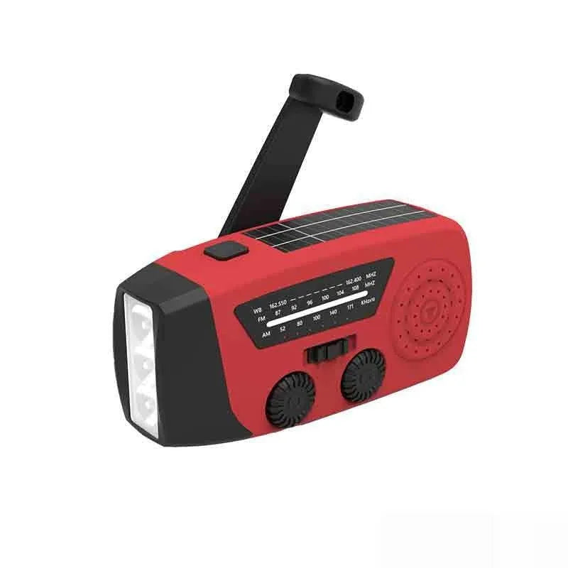 Red rechargeable emergency hand-crank radio torch with 5W LED light and wrist strap