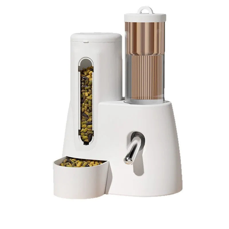 White, blue, and pink automatic hamster water feeder with attached food basin.