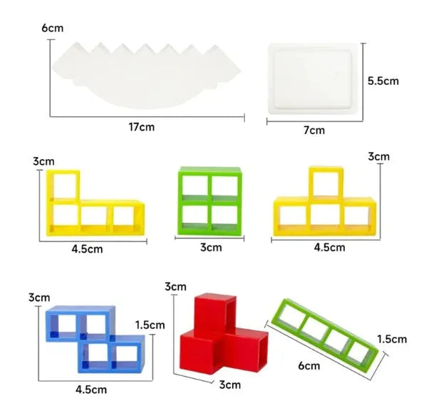 Balance stacking game set with plastic building blocks and wooden chassis
