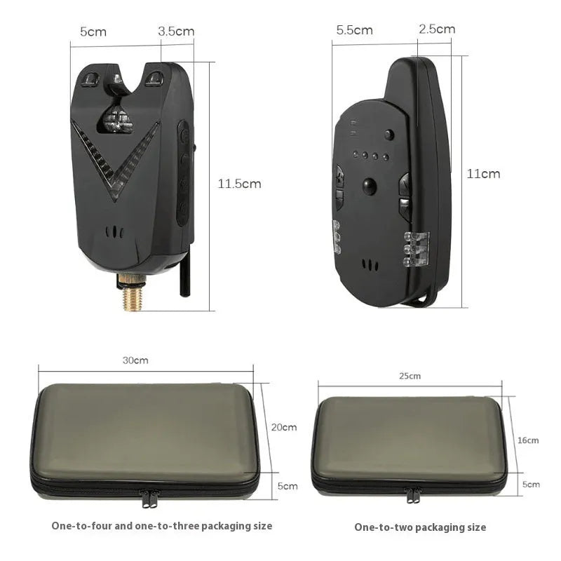 Wireless fishing electronic bite alarm unit with ABS casing for multi-rod monitoring.