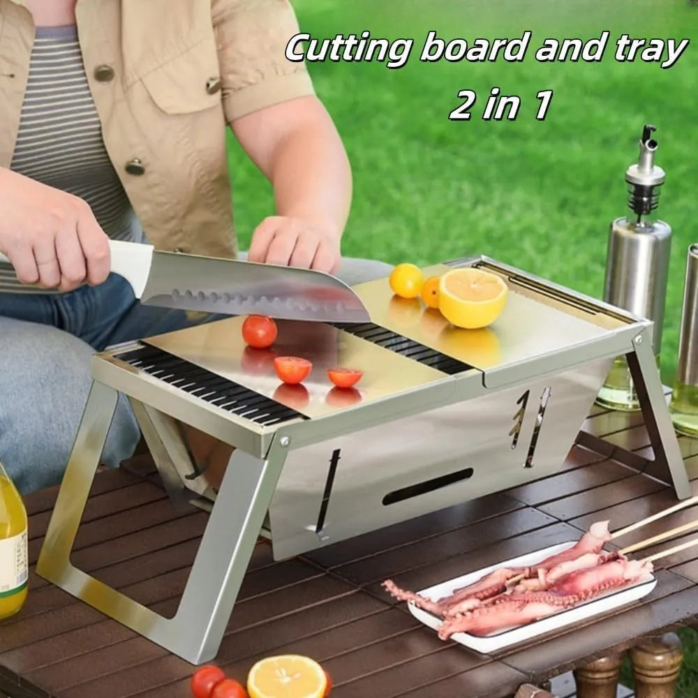 Small foldable steel charcoal grill for portable outdoor barbecues.