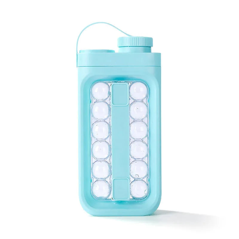 Light blue and white 2-in-1 ice ball cold kettle showing ice tray and bottle functions