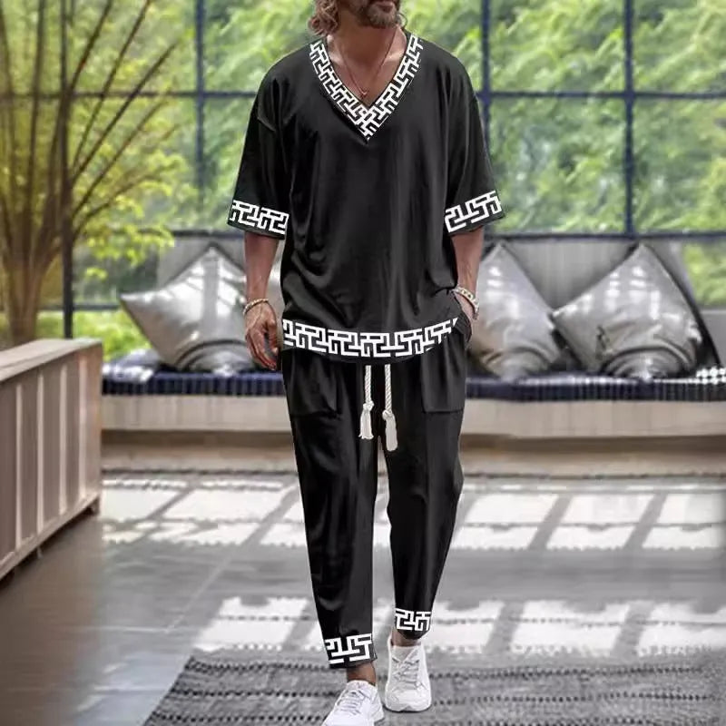 Men's lightweight polyester trousers suit with a V-neck cropped sleeve jacket