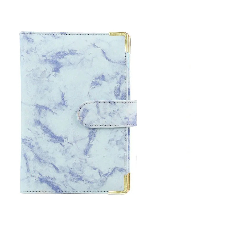 A6 loose-leaf binder journal with marbling leather PU cover, open to show budget sheets and zip pockets