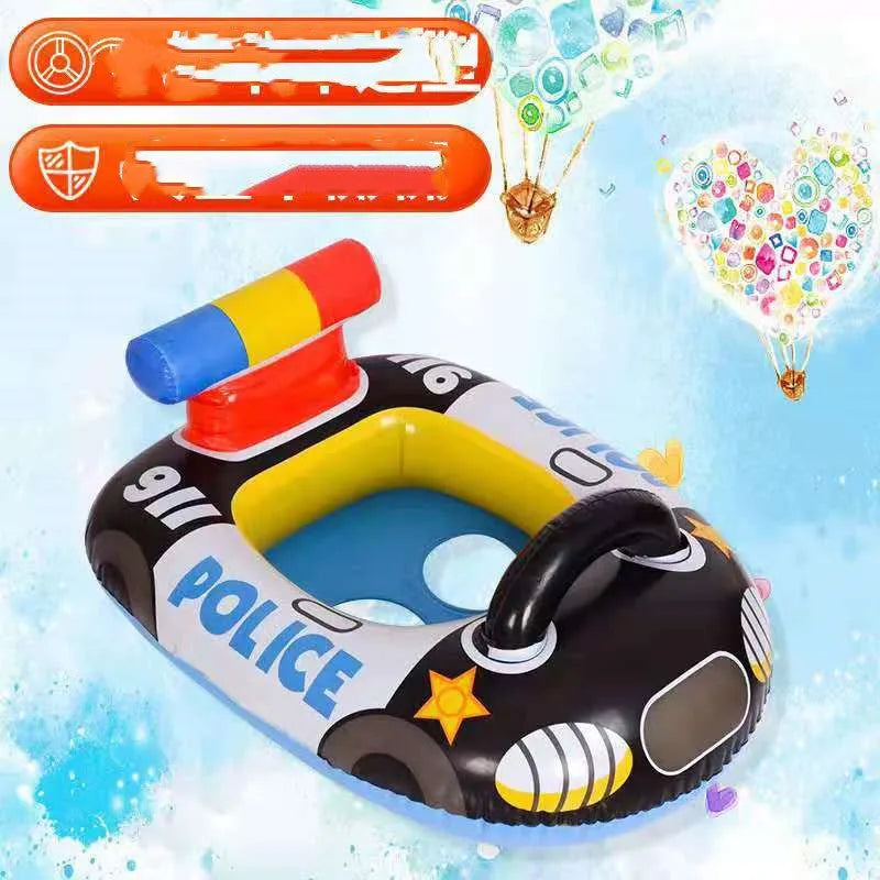 Children's black PVC inflatable swimming ring shaped like a police car with anti-rollover cushion